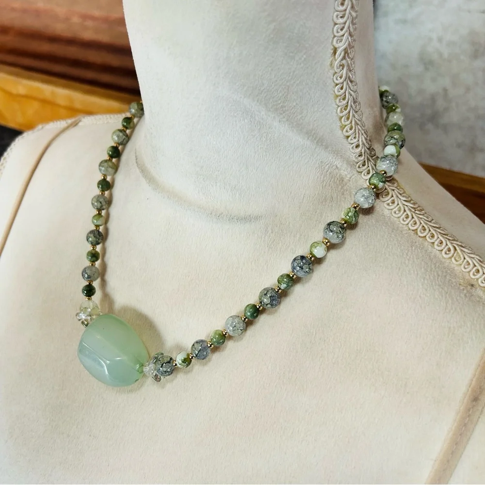 Handcrafted green tone art glass bead necklace